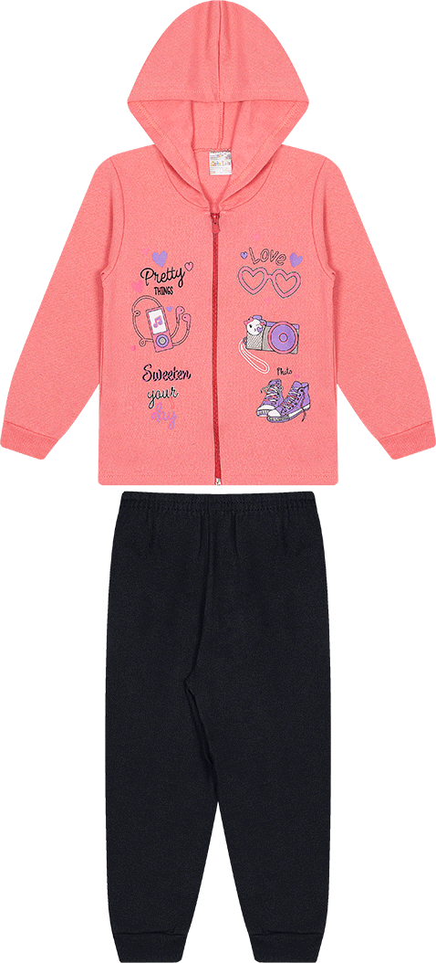 Conjunto 2 peças Feminino Meia Estação - Jaqueta Com Capuz e Calça Moletom Peluciada! Veste do 4 ao 8