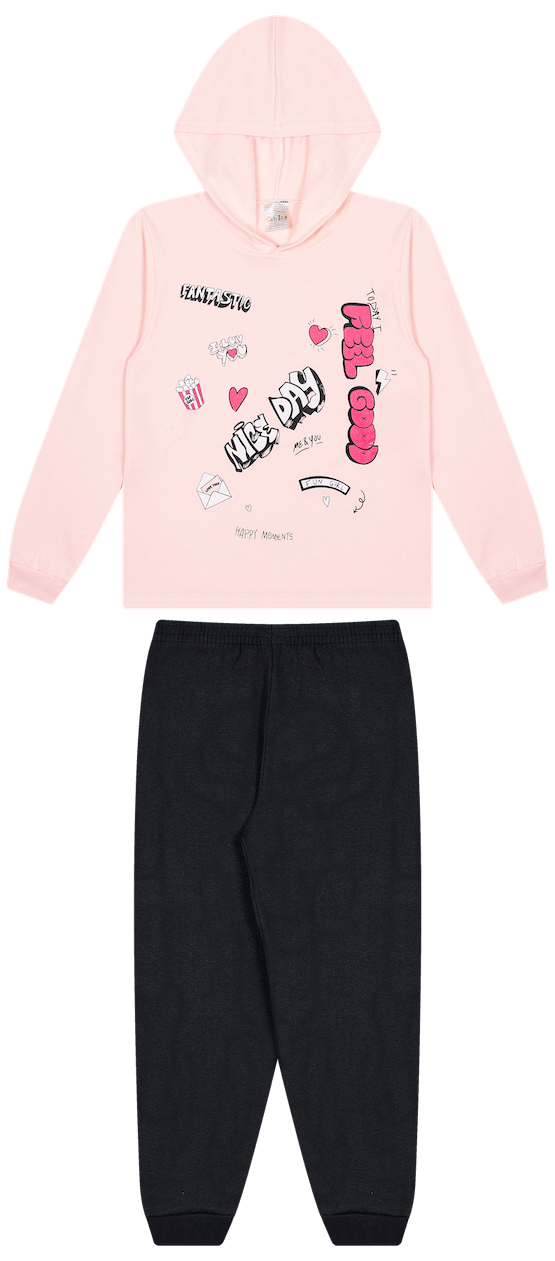 Conjunto 2 peças Feminino Meia Estação - Blusa com capuz e Calça Moletom Peluciada! Veste do 10 ao 14