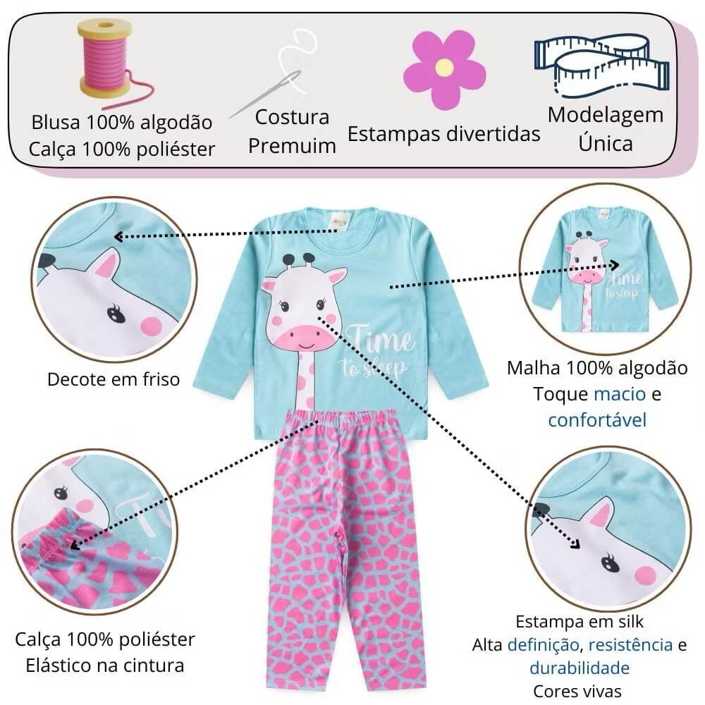Conjunto de Pijama Feminino manga longa Minimi - Tamanhos do 2 ao 10