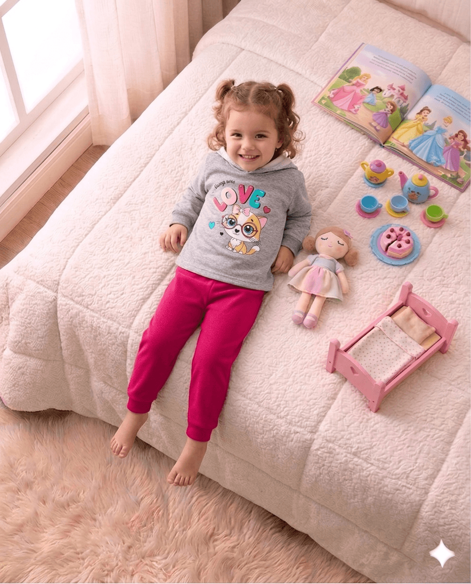 Conjunto Infantil Feminino 2 peças Moletom - Com capuz - Meia Estação - Tamanho 1 ao 3