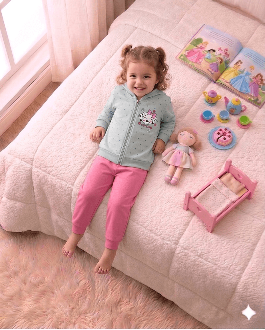 Conjunto Infantil Femino 2 peças Moletom - Jaqueta com capuz - Meia Estação - Tamanho 1 ao 3
