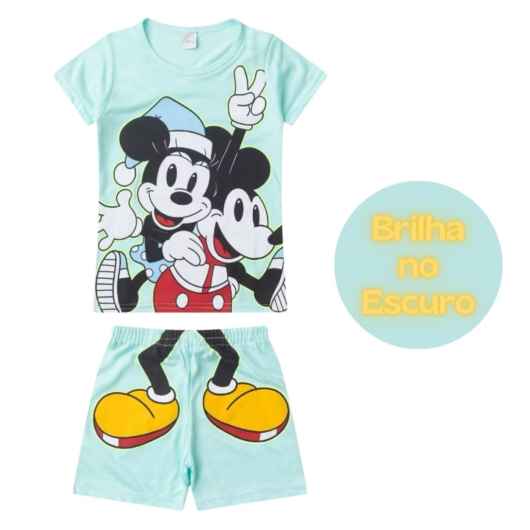 Pijama Feminino manga curta que brilha no escuro Minnie e Mickey! Tamanhos 2 e 4