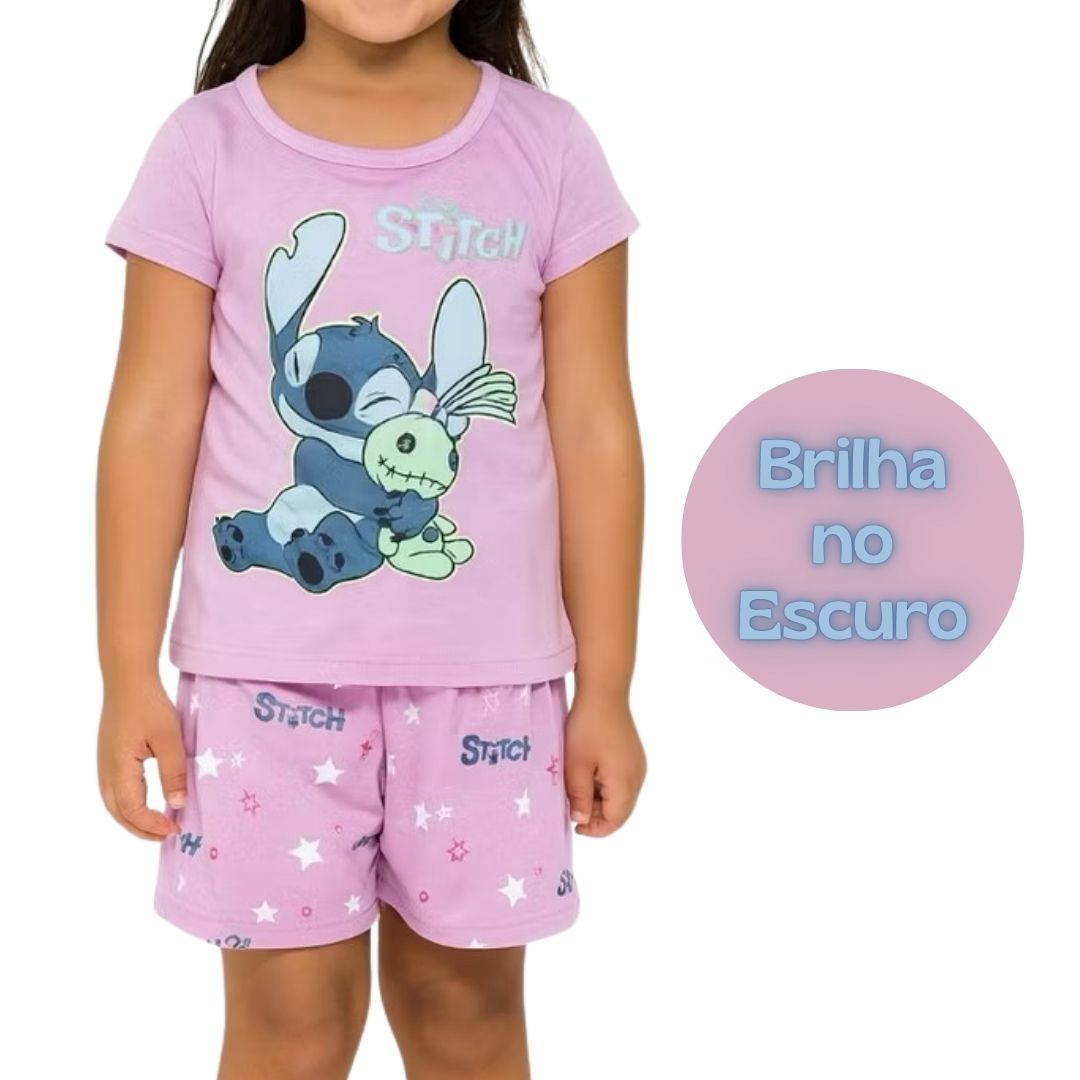 Pijama Feminino manga curta que brilha no escuro Stitch! Tamanhos 4 ao 10