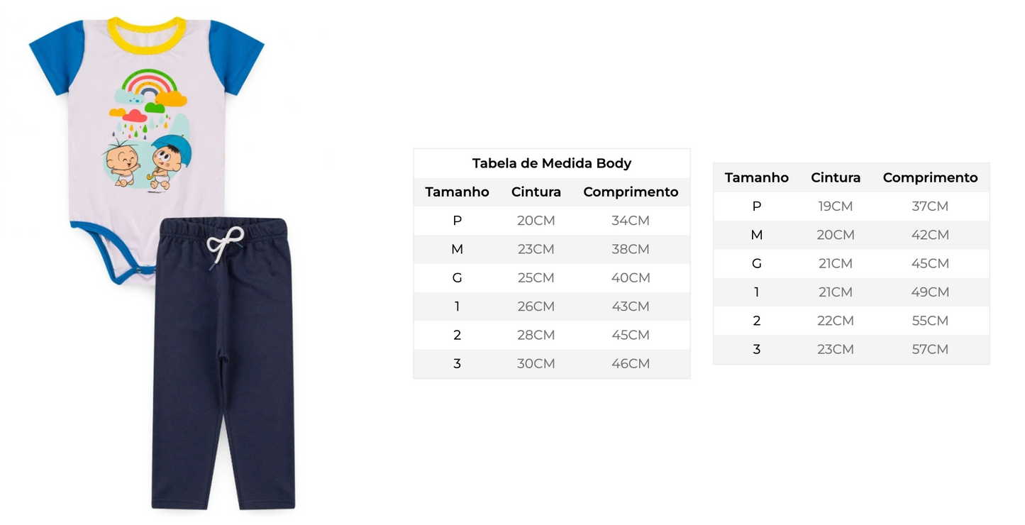 Body Masculino Baby Cebolinha Cascão Chuva de Cores - Turma da Mônica - Tamanho P