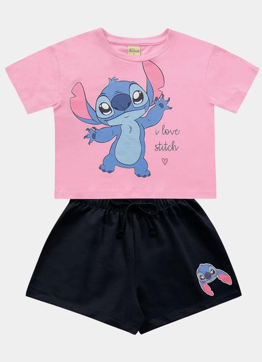 Conjunto 2 Peças Feminino Blusa e Short Saia - Personagem Stitch - Fakini Kids - Tamanho 10