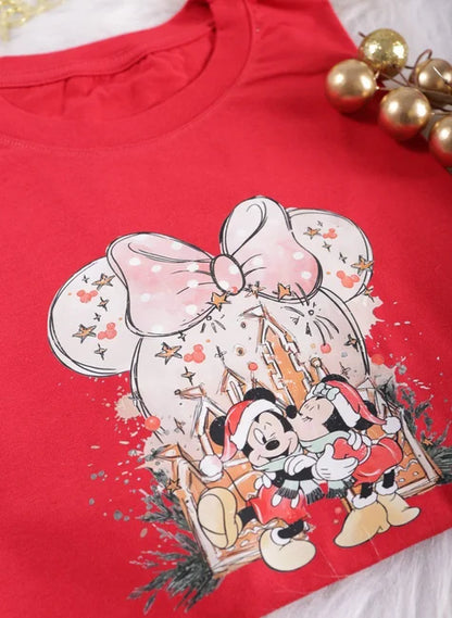 Camiseta Juvenil Mickey e Minnie Merry Christmas - Vermelho - Festividades - Tamanho P, M e G