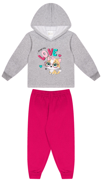 Conjunto Infantil Feminino 2 peças Moletom - Com capuz - Meia Estação - Tamanho 1 ao 3
