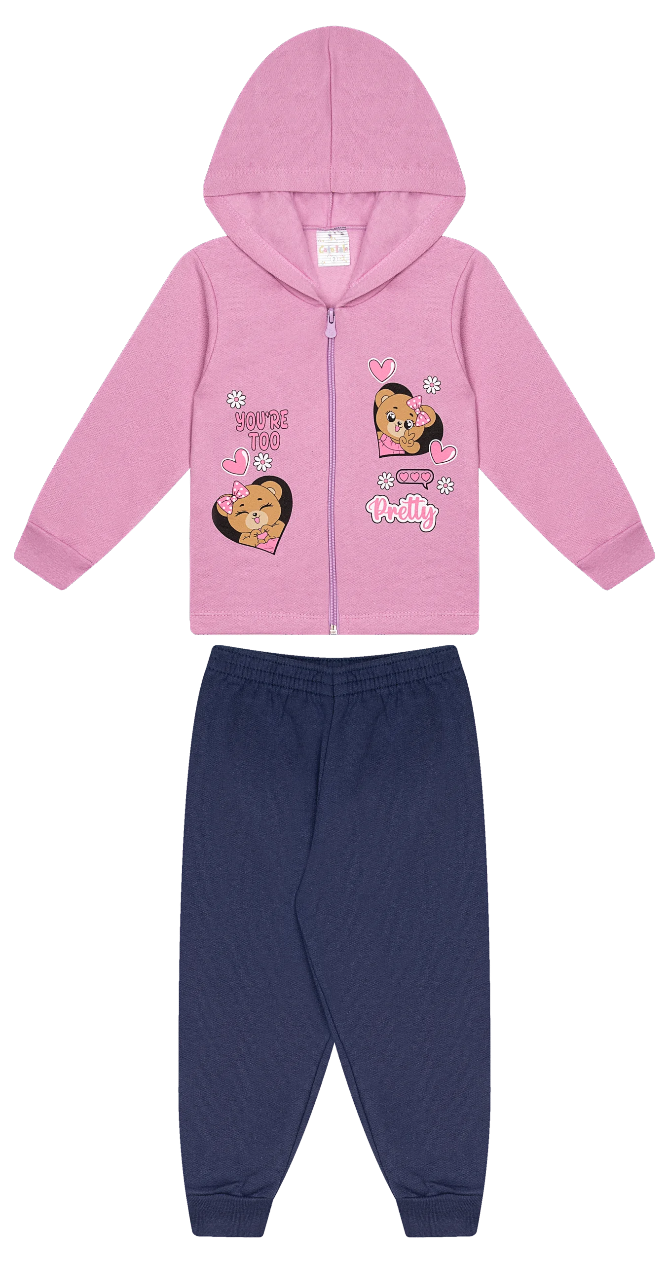 Conjunto Infantil Femino 2 peças Moletom - Jaqueta com capuz - Meia Estação - Tamanho 1 ao 3