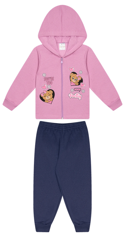 Conjunto Infantil Femino 2 peças Moletom - Jaqueta com capuz - Meia Estação - Tamanho 1 ao 3
