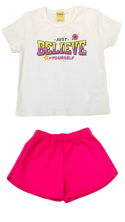 Conjunto infantil Feminino Blusa com Shorts "Acredite" - tamanho 4 ao 8 - Rovitex