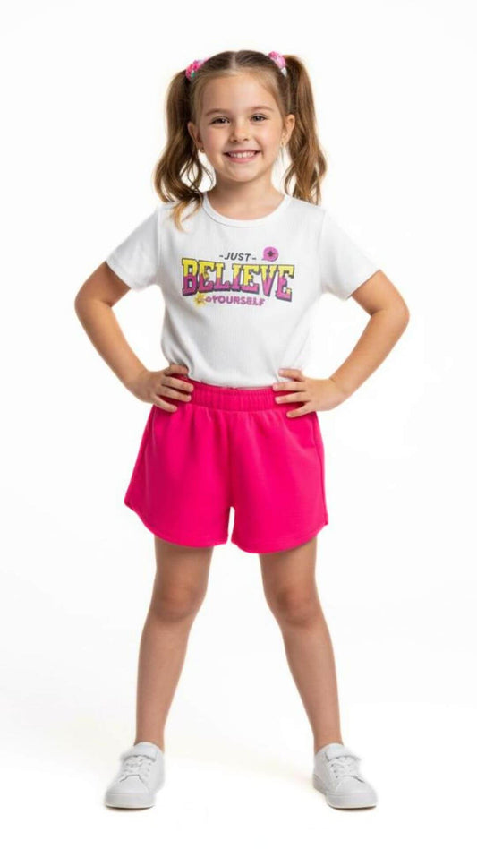 Conjunto infantil Feminino Blusa com Shorts "Acredite" - tamanho 4 ao 8 - Rovitex