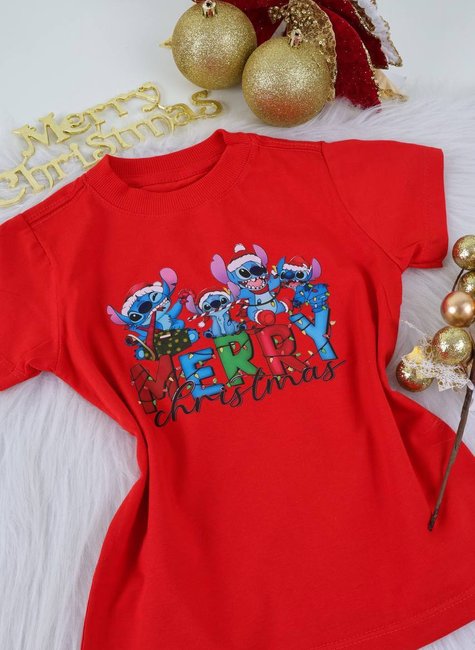 Camiseta Infantil Stitch Merry Christmas - Vermelho - Festividades - 2 ao 10