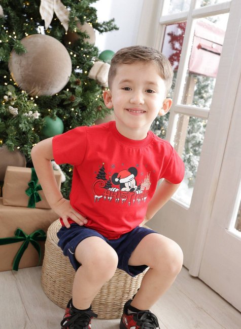Camiseta Infantil Mickey Merry Christmas - Vermelho - Festividades - 2 ao 10