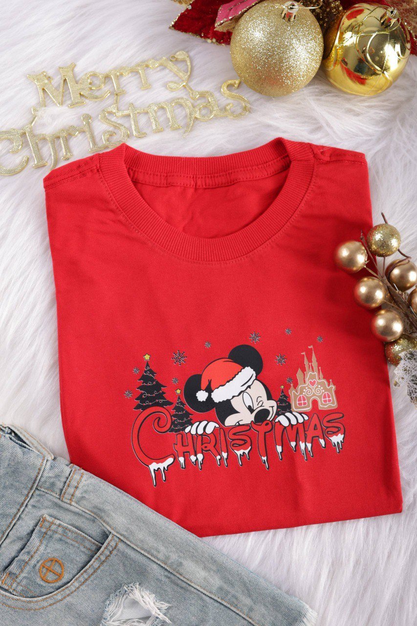 Camiseta Juvenil Mickey Merry Christmas - Vermelho - Festividades - M e G