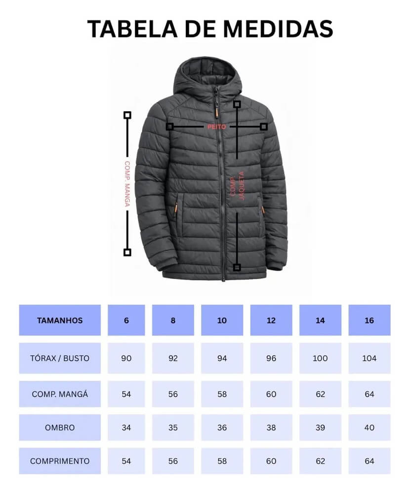 Jaqueta Puffer Unissex - Tamanhos do 8 ao 16