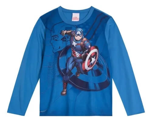 Camiseta manga longa Capitão América Brandili - Tamanhos do 4 ao 10