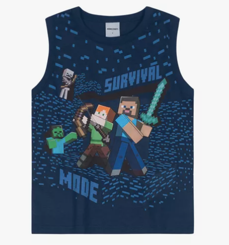 Camiseta Regata Minecraft 3D - Tamanhos 6 ao 14 - Brandili