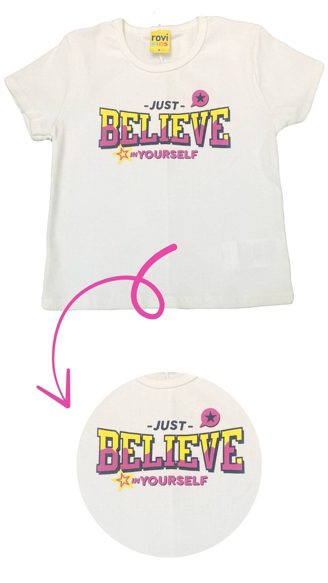 Conjunto infantil Feminino Blusa com Shorts "Acredite" - tamanho 4 ao 8 - Rovitex