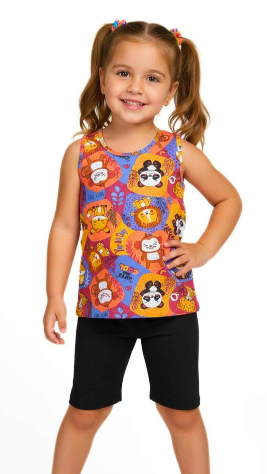 Conjunto infantil Feminino Regata Animais + Bermuda Ciclista - tamanho 4 - Rovitex
