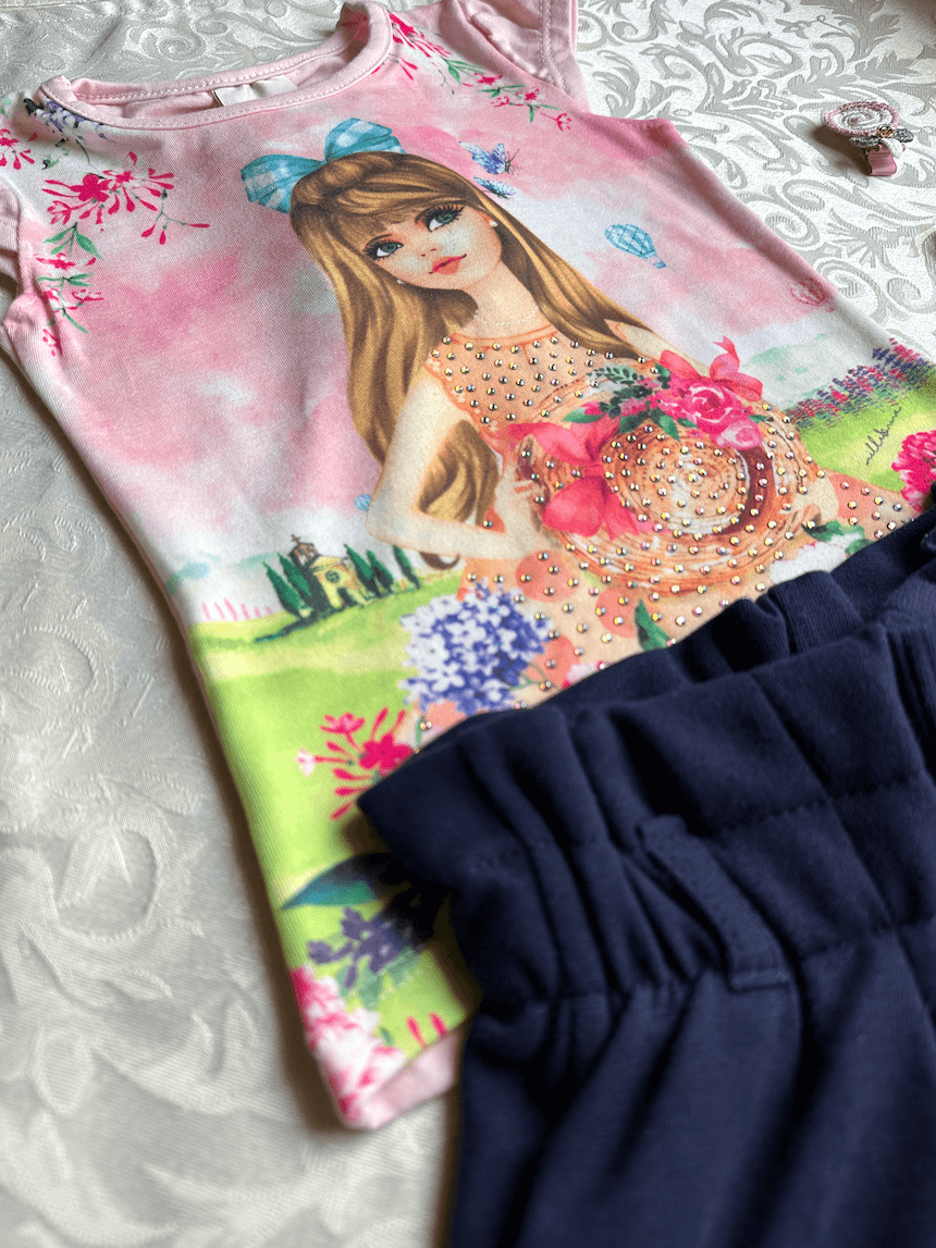 Conjunto Verão Boneca, Blusinha, Shorts e Cinto - Milli & Nina - Tamanho 3