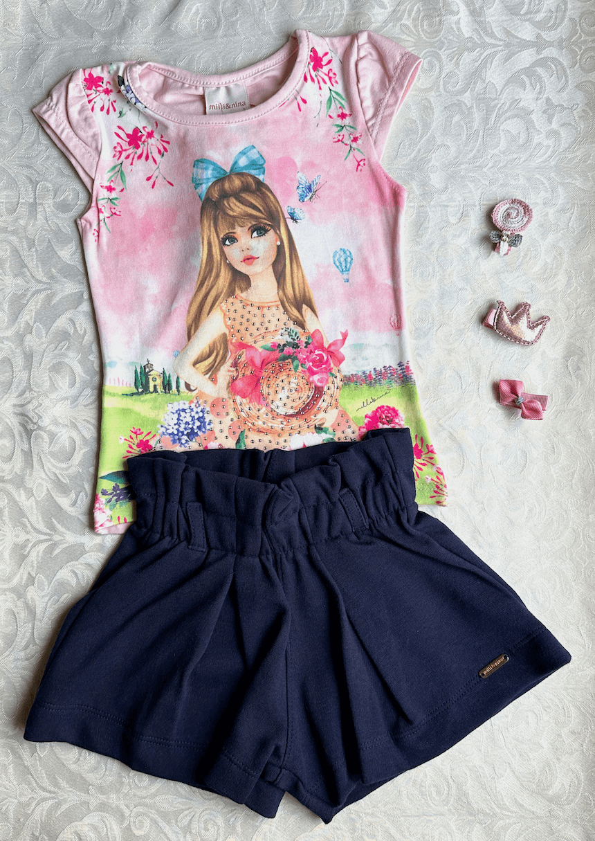 Conjunto Verão Boneca, Blusinha, Shorts e Cinto - Milli & Nina - Tamanho 3