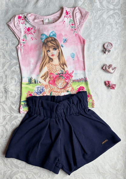 Conjunto Verão Boneca, Blusinha, Shorts e Cinto - Milli & Nina - Tamanho 3