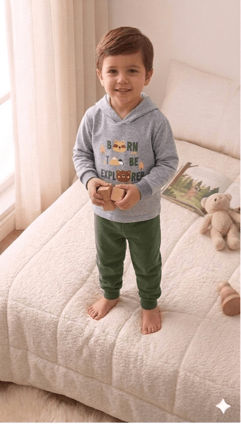 Conjunto Infantil Masculino 2 peças Moletom - Com capuz - Meia Estação - Tamanho 1 ao 3