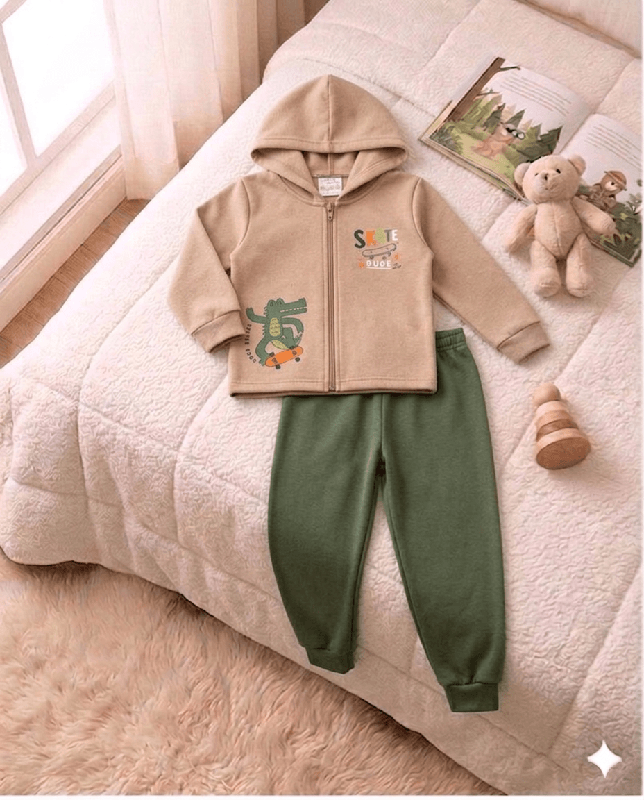 Conjunto Infantil Masculino 2 peças Moletom - Jaqueta com capuz - Meia Estação - Tamanho 1 ao 3