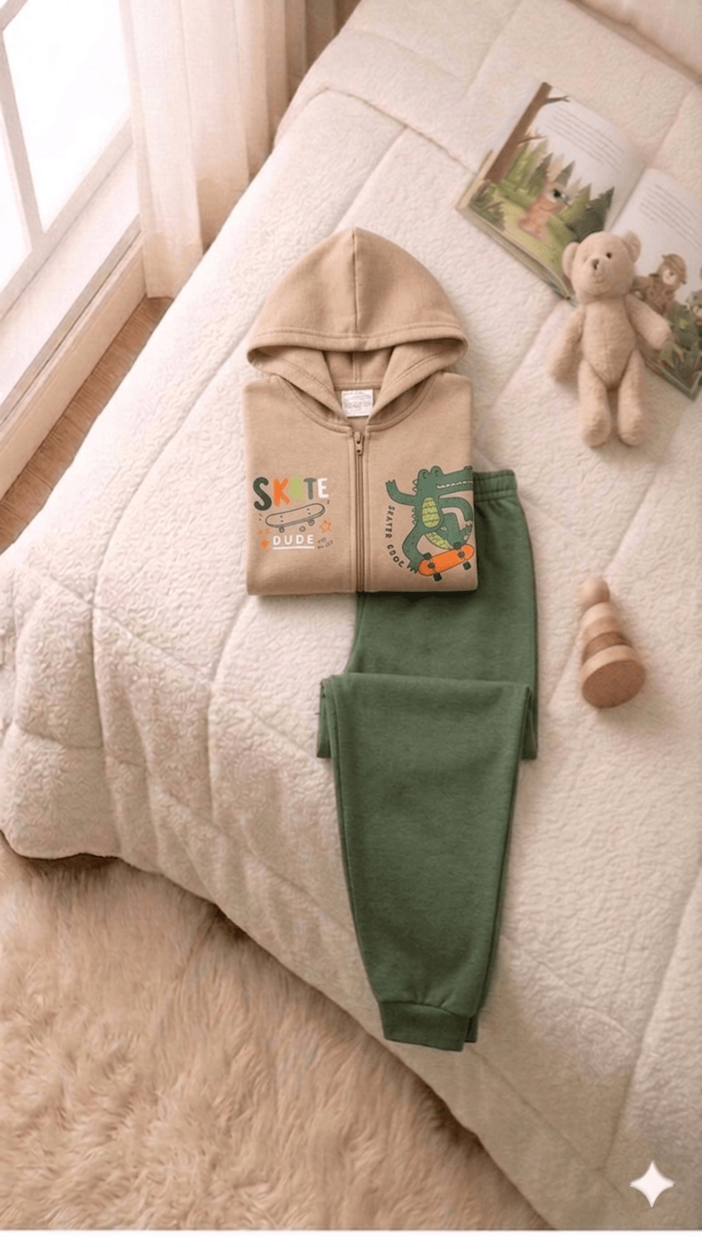 Conjunto Infantil Masculino 2 peças Moletom - Jaqueta com capuz - Meia Estação - Tamanho 1 ao 3