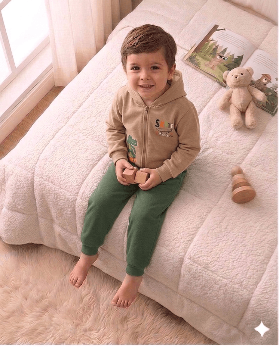 Conjunto Infantil Masculino 2 peças Moletom - Jaqueta com capuz - Meia Estação - Tamanho 1 ao 3