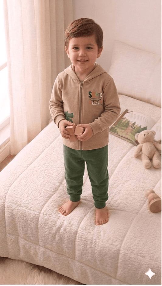 Conjunto Infantil Masculino 2 peças Moletom - Jaqueta com capuz - Meia Estação - Tamanho 1 ao 3