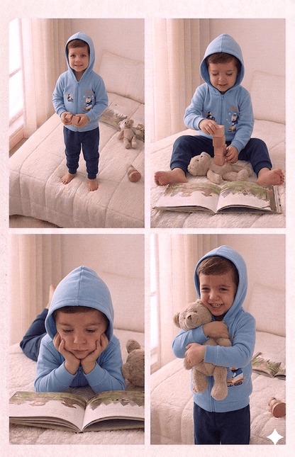 Conjunto Infantil Masculino 2 peças Moletom - Jaqueta com capuz - Meia Estação - Tamanho 1 ao 3
