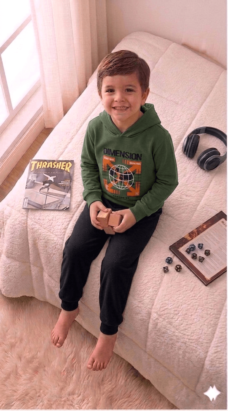 Conjunto Infantil Masculino 2 peças Moletom - Com capuz - Meia Estação - Tamanho 10,12 e 14