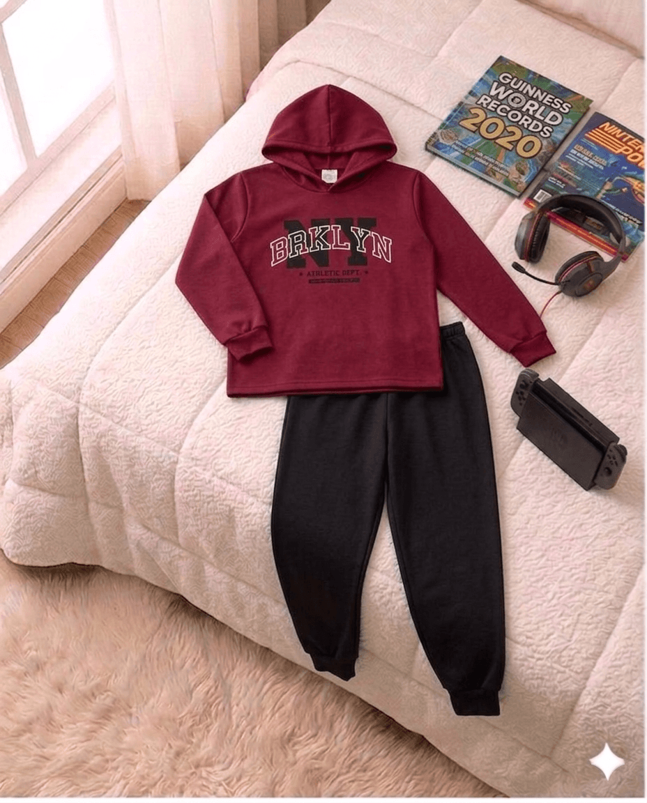 Conjunto Infantil Masculino 2 peças Moletom - Com capuz - Meia Estação - Tamanho 10,12 e 14
