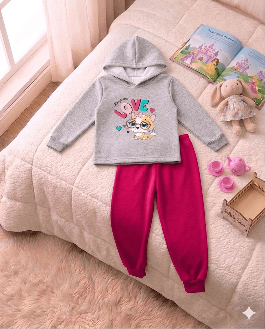 Conjunto Infantil Feminino 2 peças Moletom - Com capuz - Meia Estação - Tamanho 1 ao 3