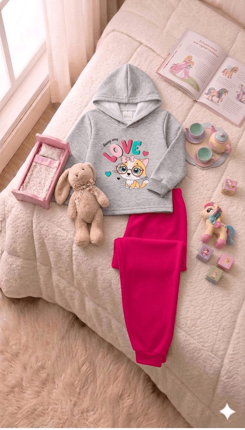Conjunto Infantil Feminino 2 peças Moletom - Com capuz - Meia Estação - Tamanho 1 ao 3