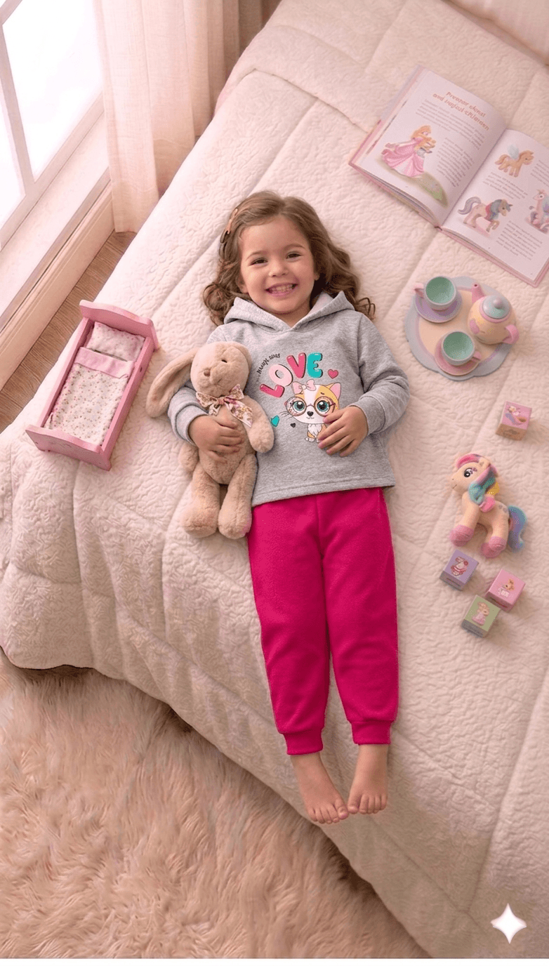 Conjunto Infantil Feminino 2 peças Moletom - Com capuz - Meia Estação - Tamanho 1 ao 3
