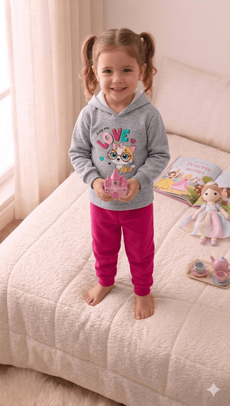 Conjunto Infantil Feminino 2 peças Moletom - Com capuz - Meia Estação - Tamanho 1 ao 3
