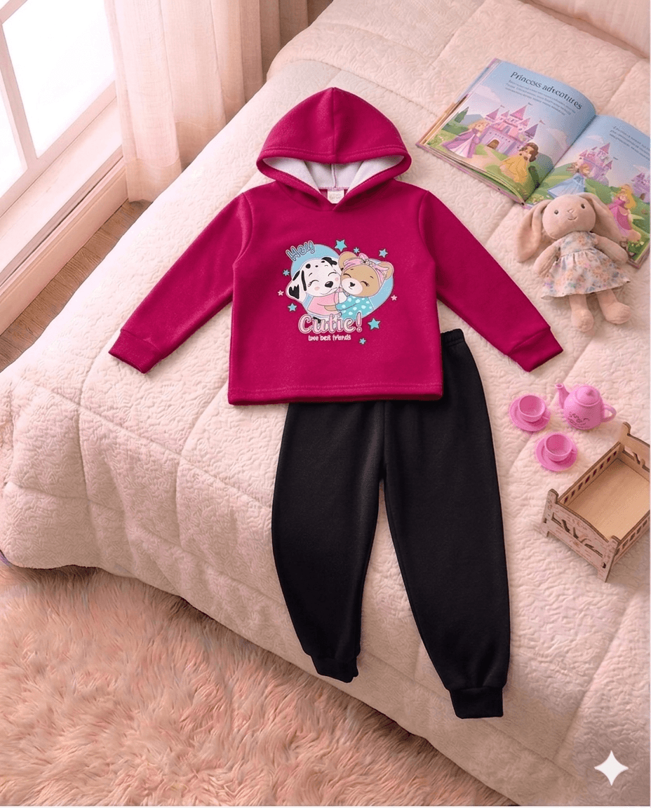 Conjunto Infantil Feminino 2 peças Moletom - Com capuz - Meia Estação - Tamanho 1 ao 3