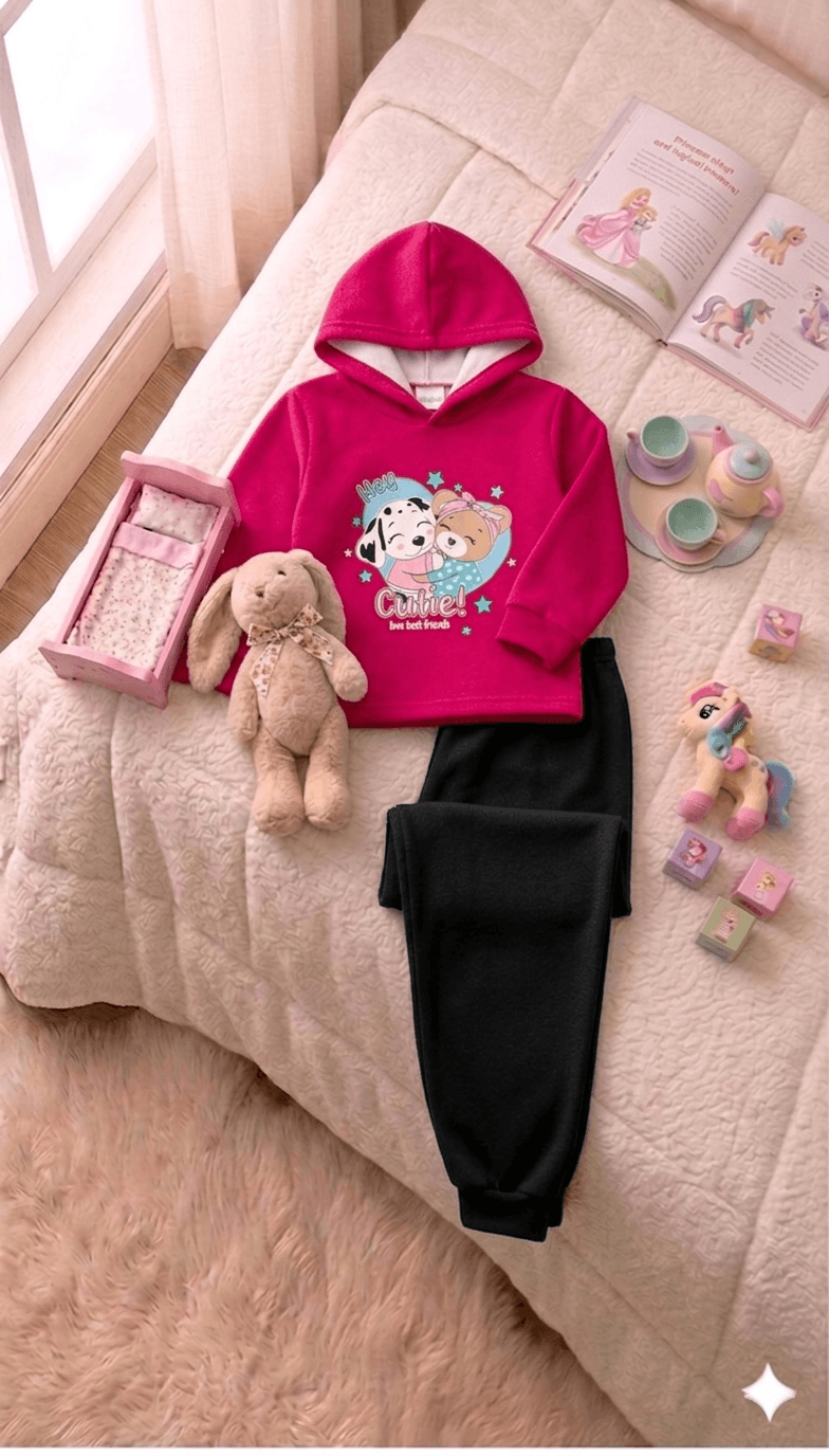 Conjunto Infantil Feminino 2 peças Moletom - Com capuz - Meia Estação - Tamanho 1 ao 3