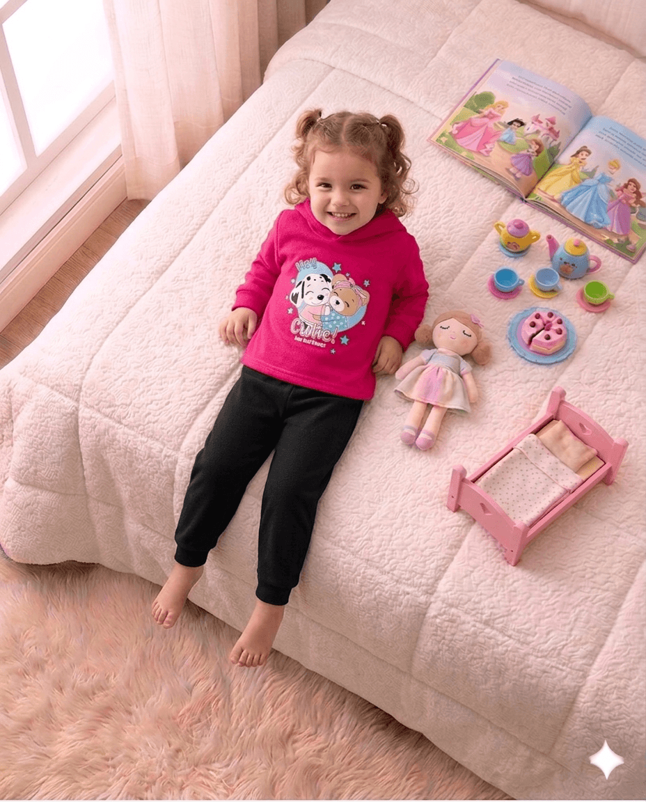 Conjunto Infantil Feminino 2 peças Moletom - Com capuz - Meia Estação - Tamanho 1 ao 3