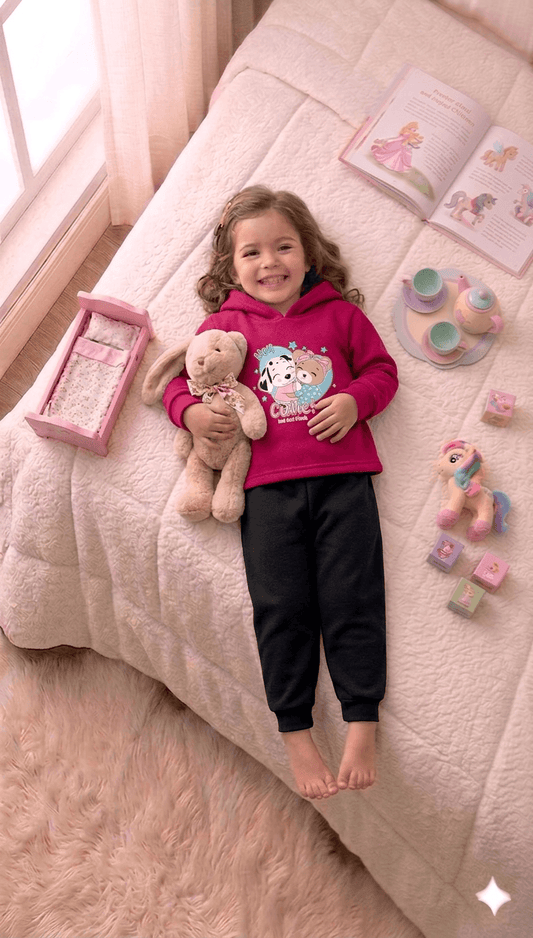 Conjunto Infantil Feminino 2 peças Moletom - Com capuz - Meia Estação - Tamanho 1 ao 3