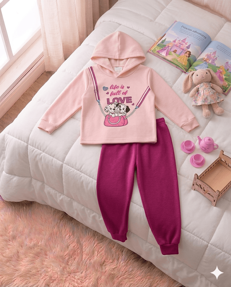 Conjunto Infantil Feminino 2 peças Moletom - Com capuz - Meia Estação - Tamanho 1 ao 3