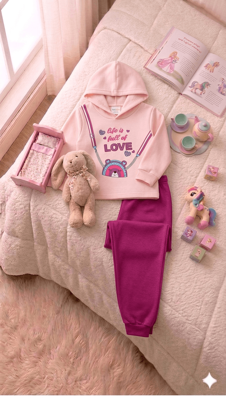 Conjunto Infantil Feminino 2 peças Moletom - Com capuz - Meia Estação - Tamanho 1 ao 3