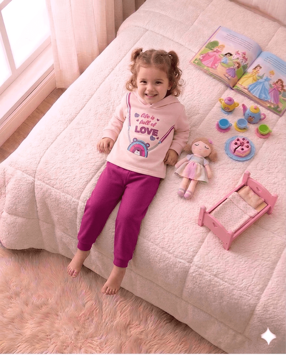 Conjunto Infantil Feminino 2 peças Moletom - Com capuz - Meia Estação - Tamanho 1 ao 3