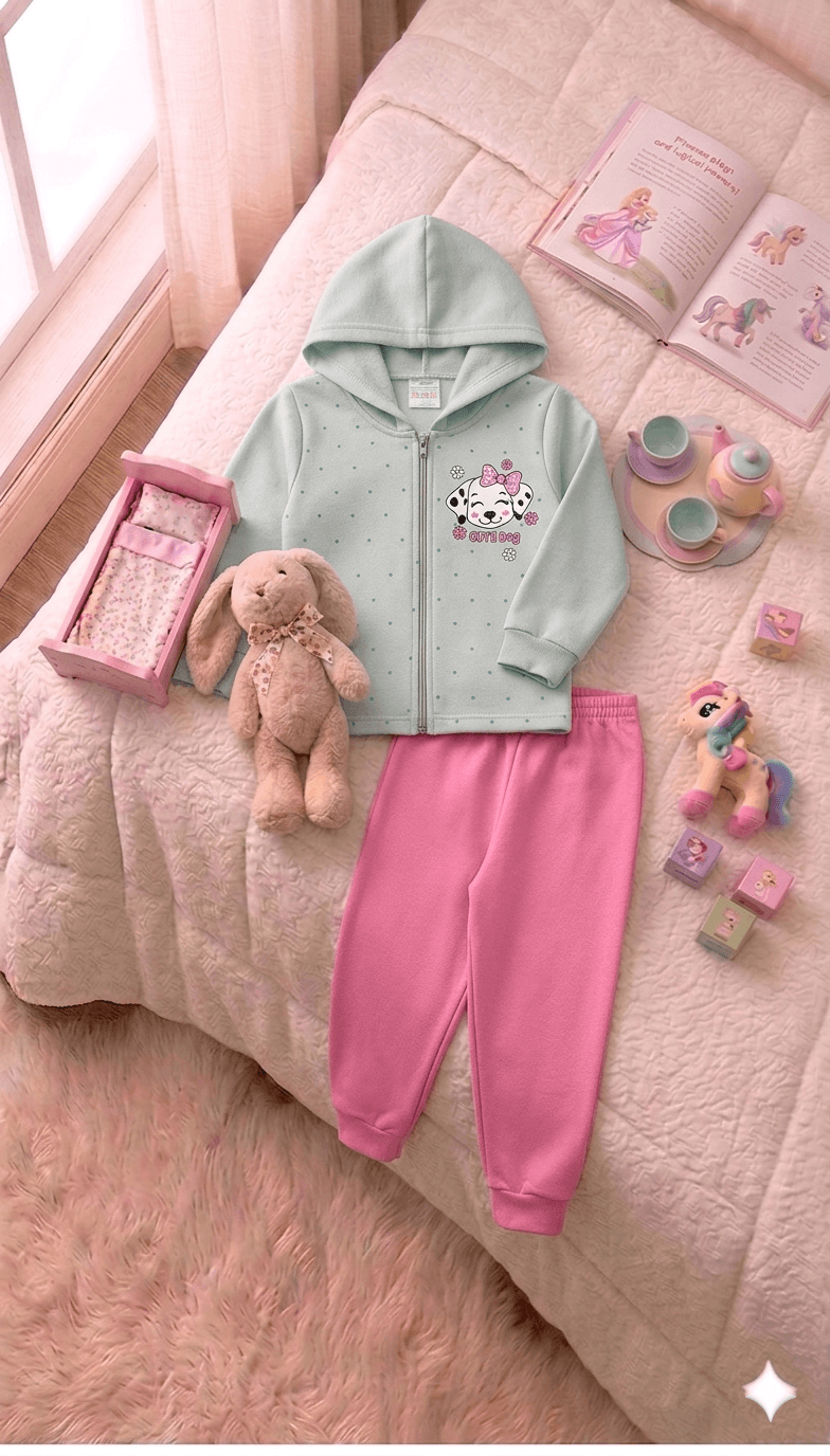 Conjunto Infantil Femino 2 peças Moletom - Jaqueta com capuz - Meia Estação - Tamanho 1 ao 3