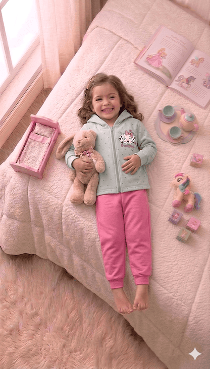 Conjunto Infantil Femino 2 peças Moletom - Jaqueta com capuz - Meia Estação - Tamanho 1 ao 3