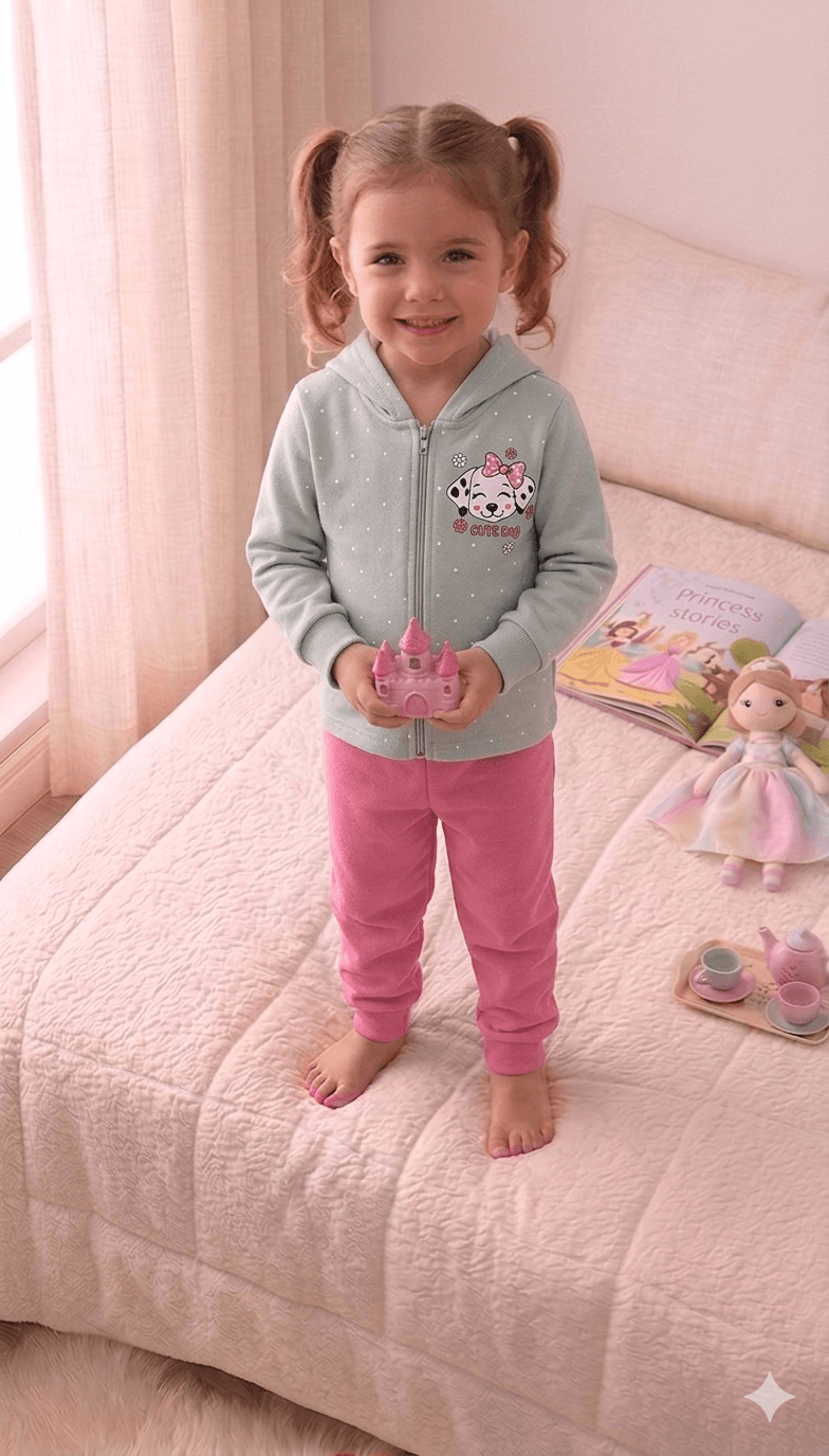 Conjunto Infantil Femino 2 peças Moletom - Jaqueta com capuz - Meia Estação - Tamanho 1 ao 3