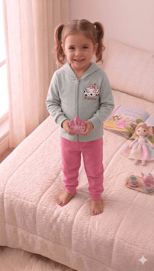 Conjunto Infantil Femino 2 peças Moletom - Jaqueta com capuz - Meia Estação - Tamanho 1 ao 3