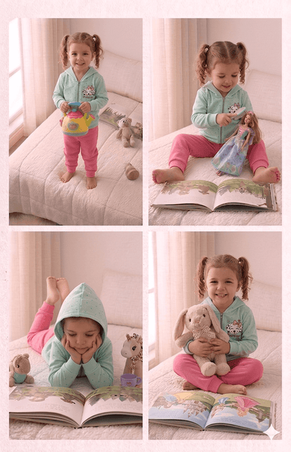 Conjunto Infantil Femino 2 peças Moletom - Jaqueta com capuz - Meia Estação - Tamanho 1 ao 3